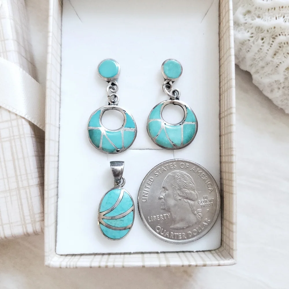 Vintage Navajo ELB BonneyTurquoise Inlay Sterling Silver Earrings & Pendant Set - Picture 4 of 4